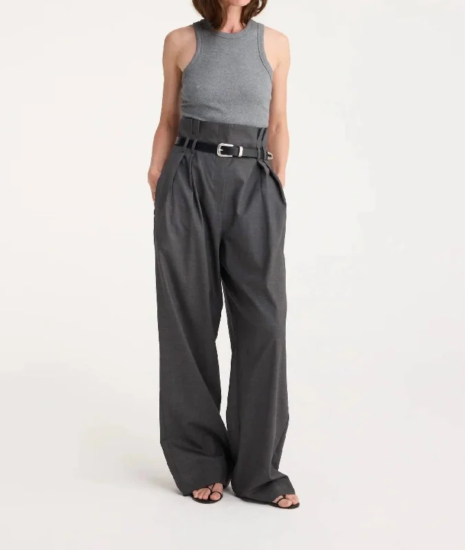 High-Waisted Paperbag Trousers In Dark Grey Melange Modern Women's Tech