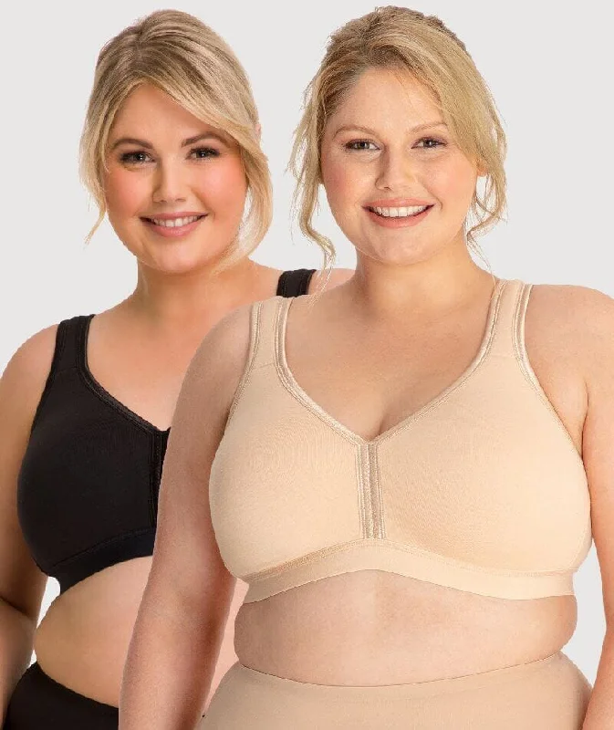 Ava & Audrey Faye Cotton Wire-free Support Bra 2 Pack - Black/Frappe Athletic Women's 