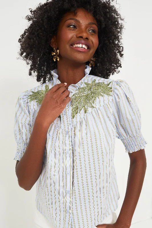 Embroidered Blue and Tan Stripe Nicole Shirt Relaxed Women's 