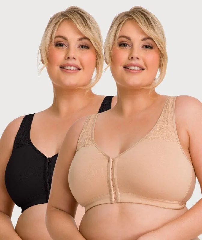 Ava & Audrey Hannah Cotton Wire-Free Front Opening Bra 2 Pack - Black/Frappe Youthful Women's Pop