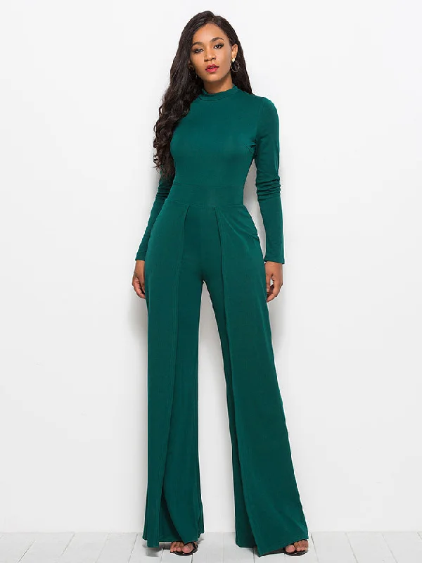 Long Sleeve Mock Neck Wide Leg Jumpsuit Elegant Women's Formal 