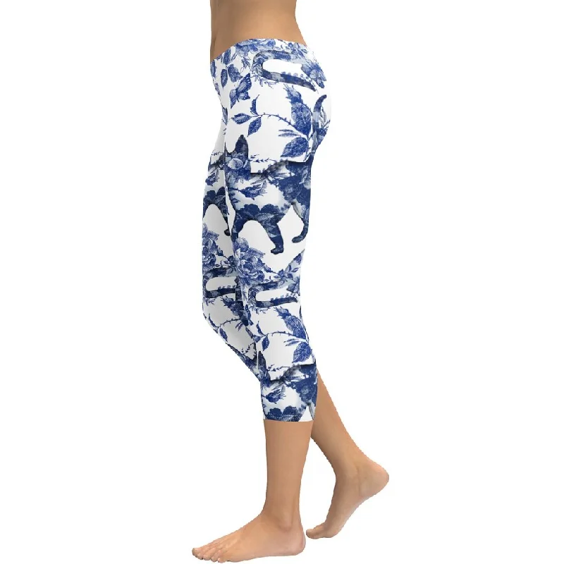 Floral Porcelain Cats Capris Sophisticated Women's 