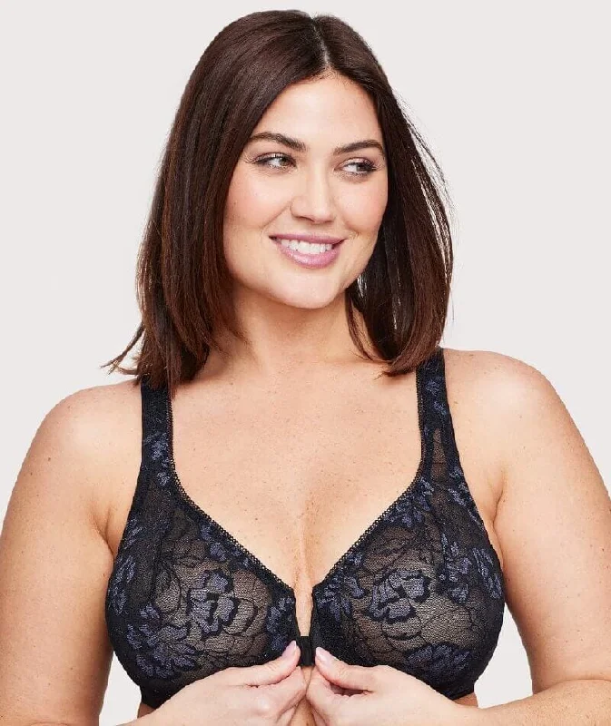 Glamorise Lacey T-Back Front-Closure WonderWire Bra - Black Youthful Women's Anime - inspired