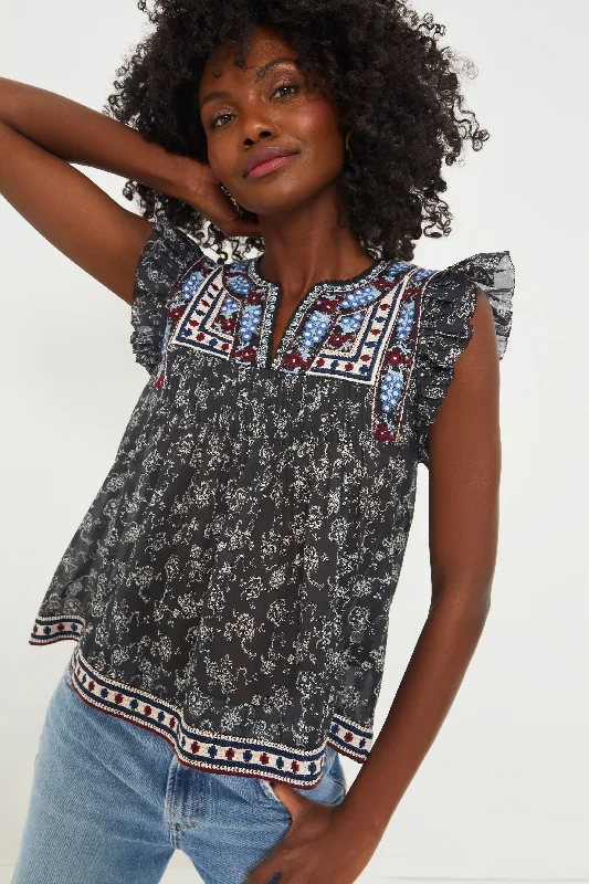 Black Everly Embroidery Flutter Sleeve Top Trendy Women's 