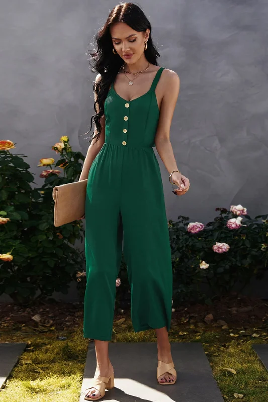 Decorative Button Wide Leg Cropped Jumpsuit Scandinavian
