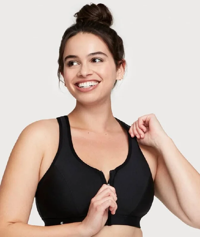 Glamorise Zip Up Front-Closure Wire-Free Sports Bra - Black Street