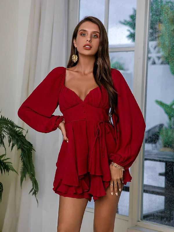Ruffled Balloon Sleeve Smocked Back Romper Modern Women's 