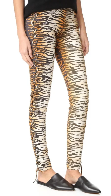 Animal Print Tiger Side Lace Up Dent Pants In Multicolor Women