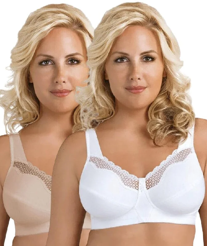 Exquisite Form Fully Cotton Soft Cup Wire-Free Bra With Lace 2 Pack - Damask Neutral/White Refined Women's Velvet