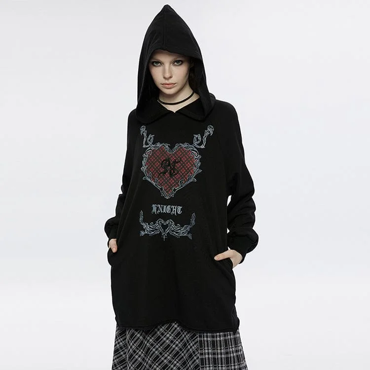 Women's Grunge Heart Printed Long Hoodies Monochromatic Office Style