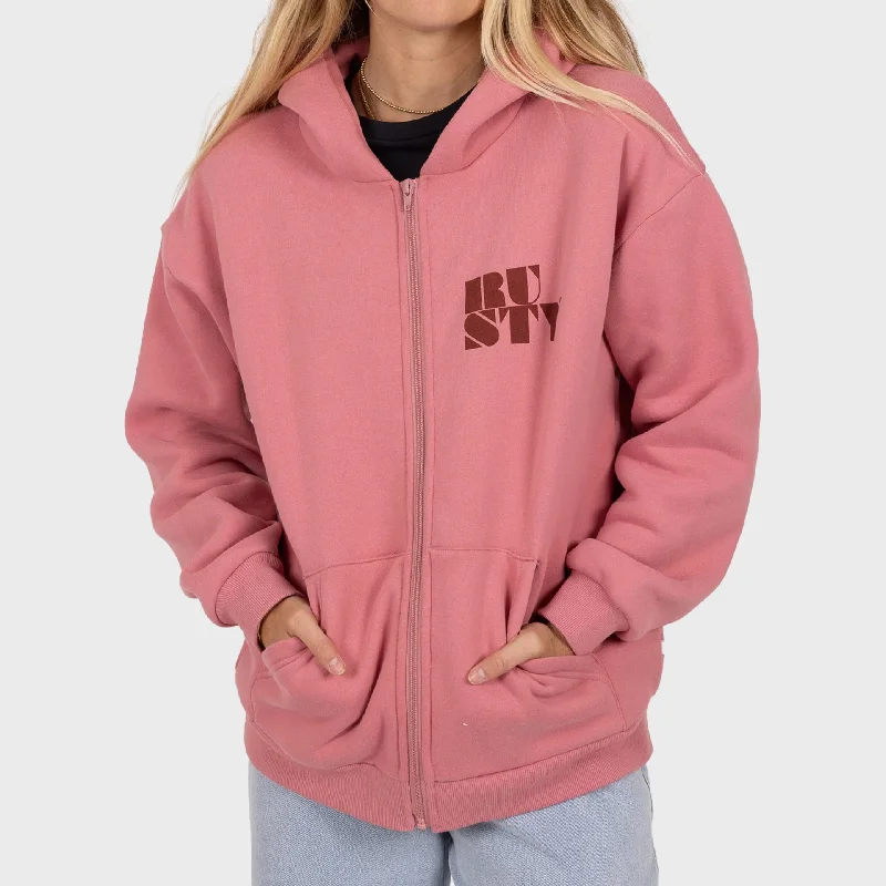 Rusty Womens Alana Oversized Zip Hooded Fleece - Mauve Trendy Women's 