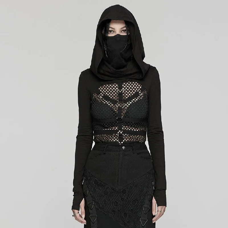 Women's Punk Mesh Splice Sheer Hoodies Hip Women's Urban