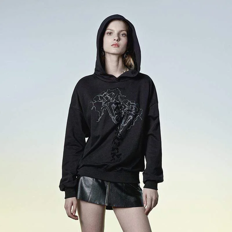 Women's Punk Floral Printed Loose Hoodies Polished Women's Silk