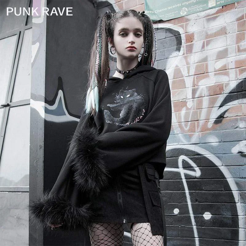 Women's Lolita Cat Printed Faux Fux Sleeved Sweaters With Cat Ears Hood Sporty Women's Tennis