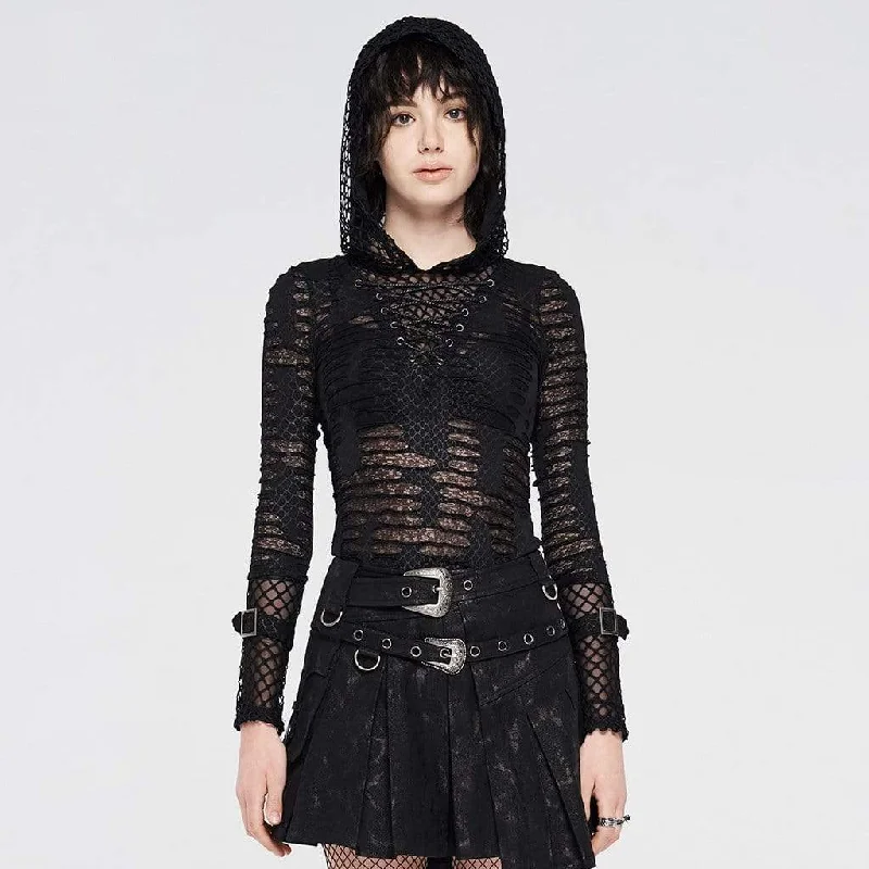 Women's Gothic Net Ripped Mesh Strappy Hoodies Cool Women's Distressed