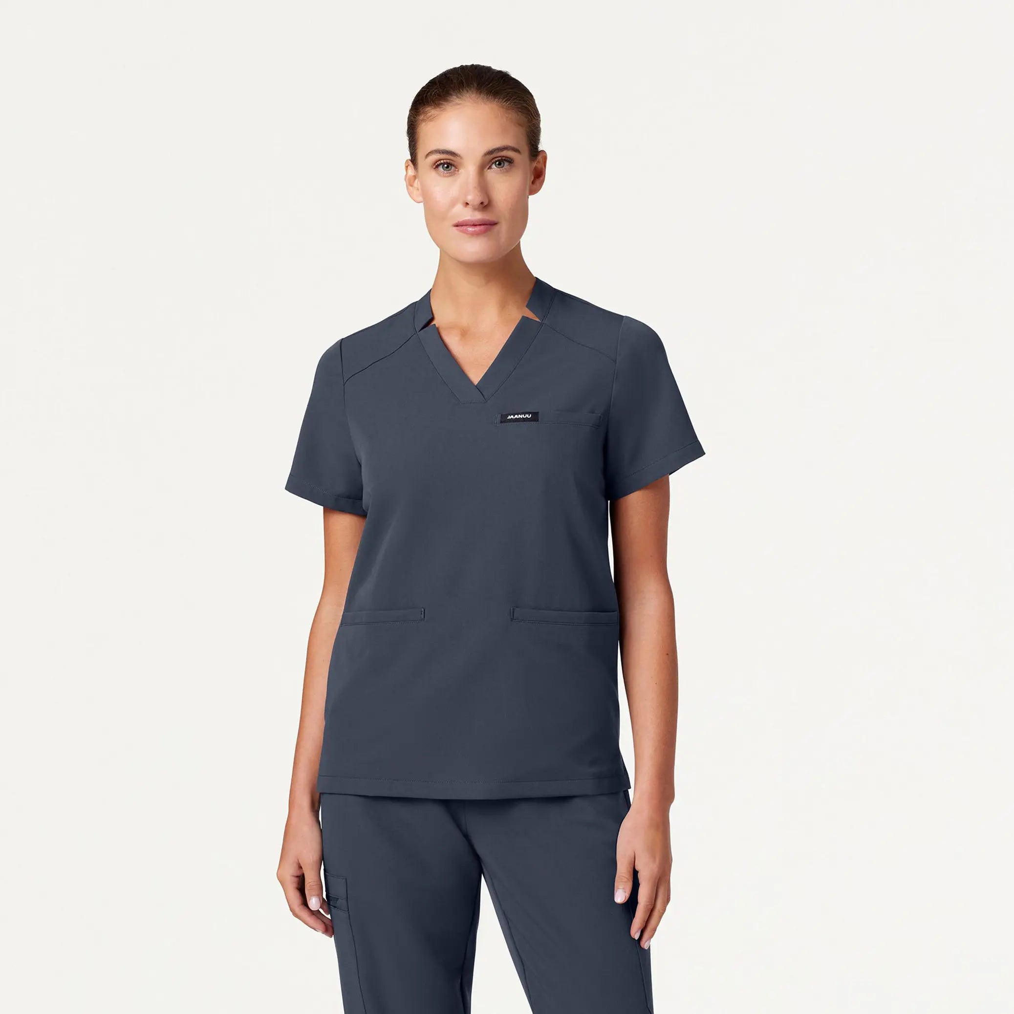 Jaanuu Women's Helia Notched V-Neck Scrub Top - Carbon Gray Compression