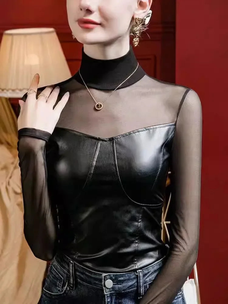 Trendy High Collar Mesh Leather Long-Sleeve Relaxed Women's Beachy