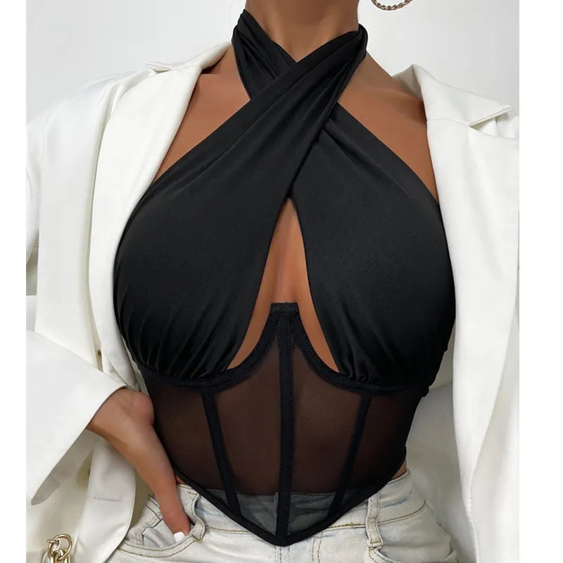 Trendy Cross Halter Mesh Backless Corset Bustier Elegant Women's 
