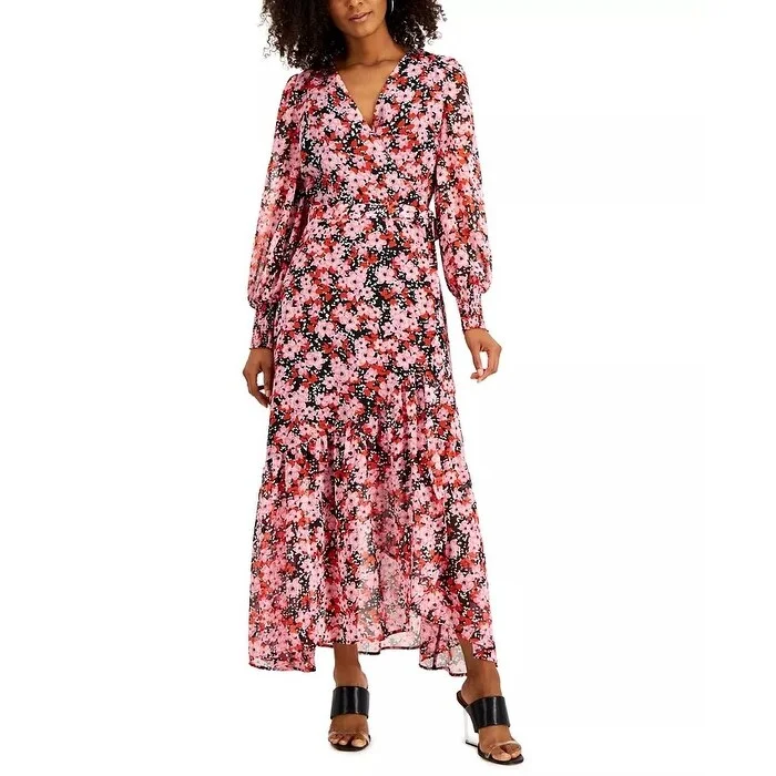 Bar III Women's Floral-Print Wrap Dress Pink Size Small Monochromatic All - in - one