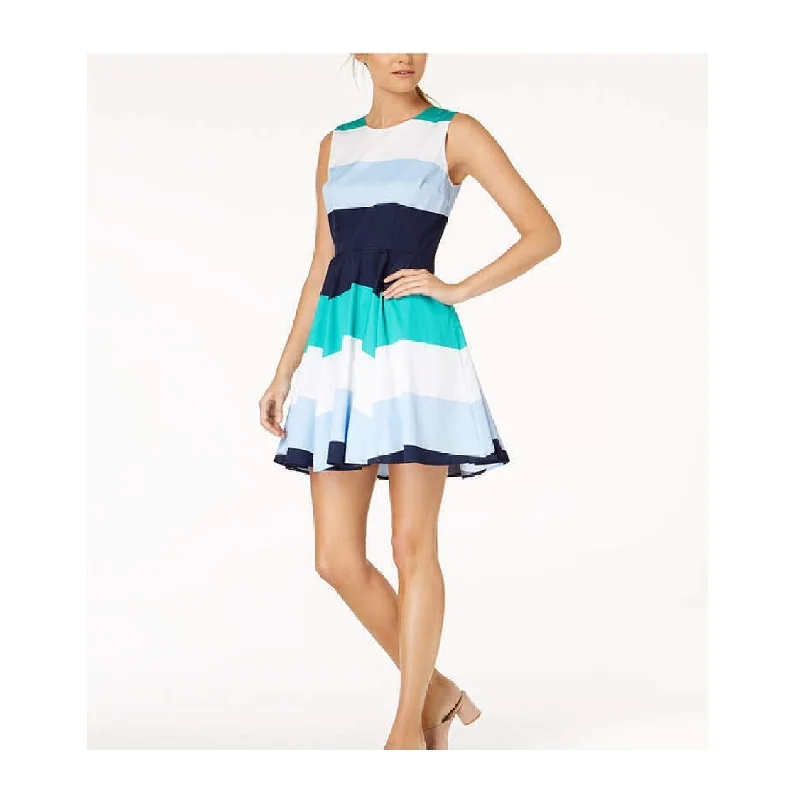 Maison Jules Women's Color blocked Fit Flare Dress Billiard Combo Size 8 - Blue Confident Women's Power